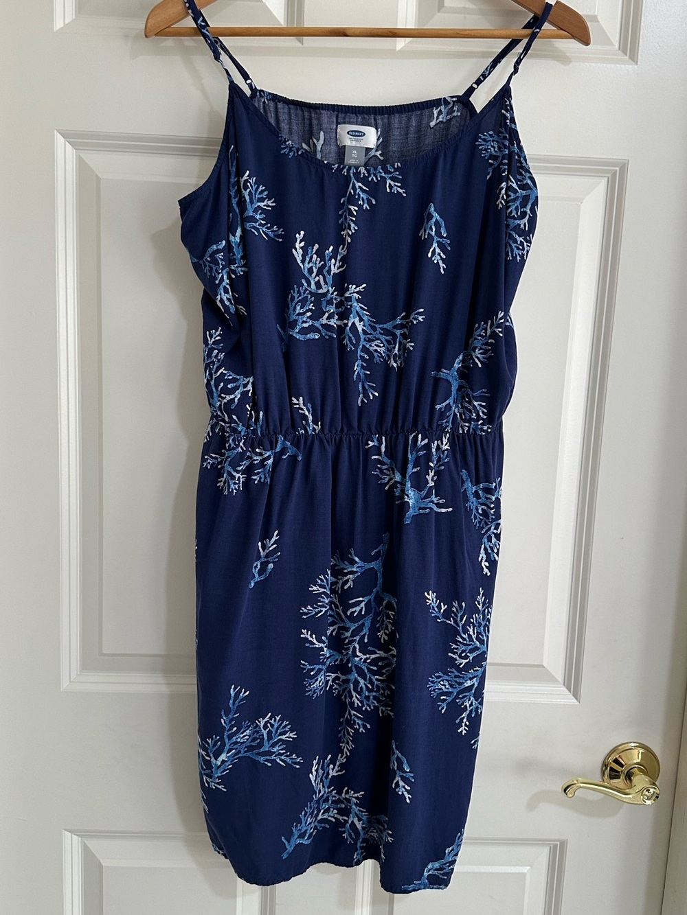 Old Navy Poplin Cami Dress, Navy w/ Coral Print, Adjustable Straps, XL Like New